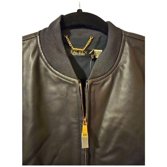 NWT LAUREN RALPH LAUREN Dark Navy Stretch Leather Bomber Jacket - Size Large - Picture 4 of 10